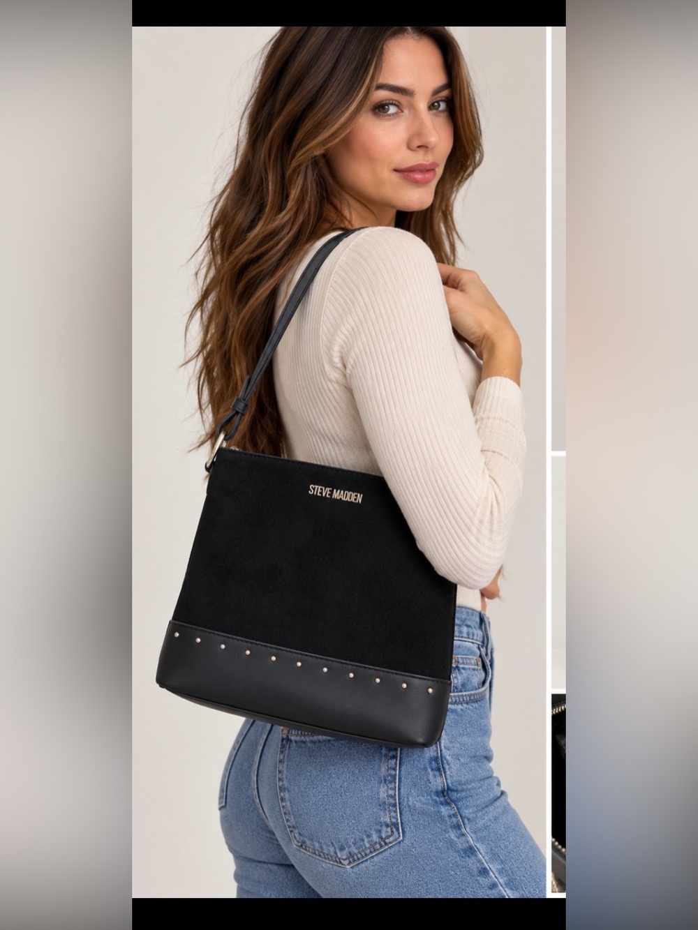 Steve Madden Black Suede Studded Crossbody Shoulder Bag Moto Edgy